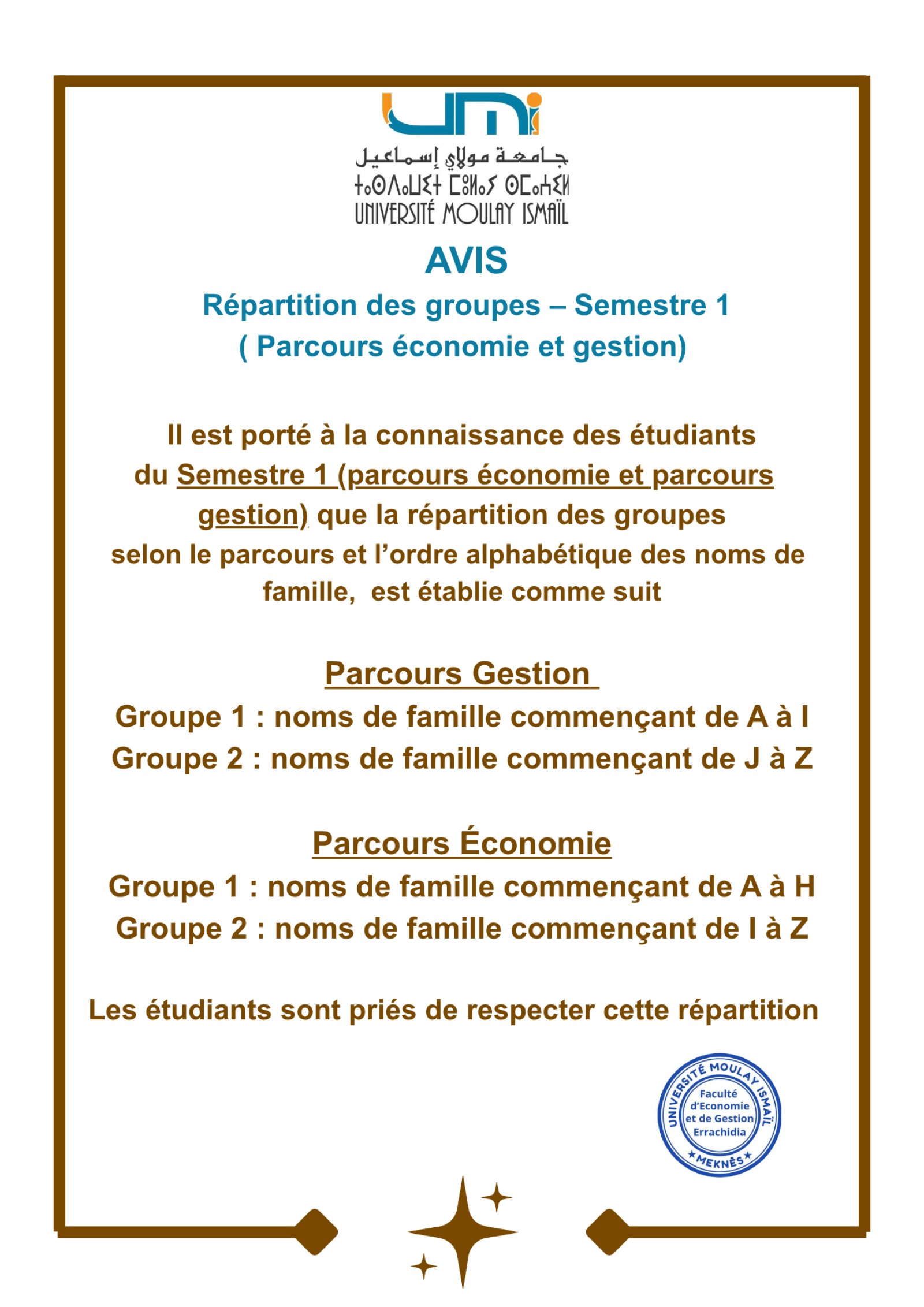 Répartition des groupe Semestre 1 ( parcours économie et parcours gestion) 